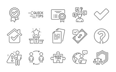 Approved award, Documents and Accepted payment line icons set. Tick, Quiz test and Question mark signs. Winner podium, Education and Workflow symbols. Line icons set. Vector