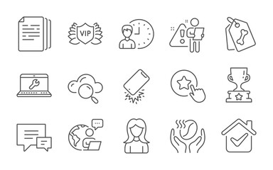 Pet tags, Copy documents and Smartphone broken line icons set. Loyalty star, Cloud computing and Coffee signs. Vip security, Woman and Laptop repair symbols. Line icons set. Vector