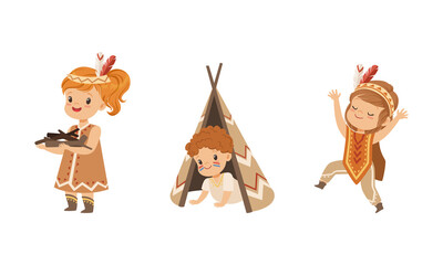 Set of Cute Kids Playing American Indians, Preschool Boys and Girls Wearing Ethnic Costumes Having Fun Cartoon Vector Illustration