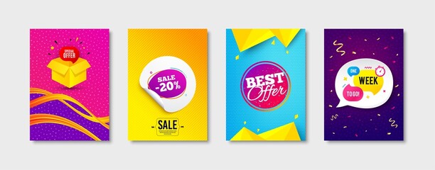 Naklejka premium Special offer, Sale 20 percent and Best offer promo label set. Sticker template layout. One week sign. Gift box, Discount bubble, Flyer shape. Promotional tag set. Speech bubble banner. Vector
