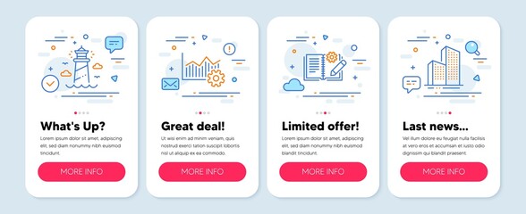 Set of Industrial icons, such as Operational excellence, Lighthouse, Engineering documentation symbols. Mobile app mockup banners. Skyscraper buildings line icons. Vector