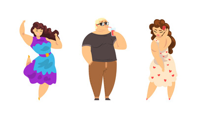 Set of Cheerful Overweight People, Plump Plus Size Male and Female Characters in Fashion Outfit, Body Positive Concept Cartoon Vector Illustration