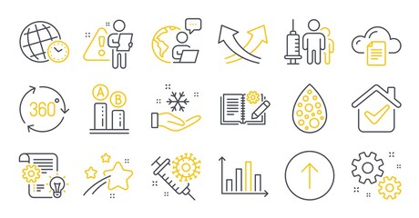 Set of Science icons, such as Ab testing, Engineering documentation, Swipe up symbols. Work, File storage, Time zone signs. Diagram graph, Cogwheel, 360 degree. Freezing, Artificial colors. Vector