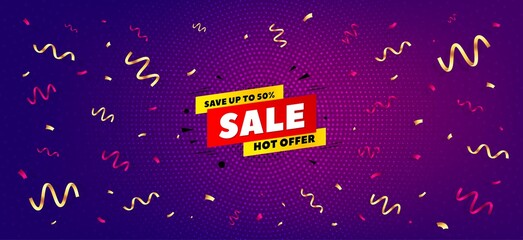 Sale 50 percent off banner. Festive confetti background with offer message. Discount sticker shape. Hot offer icon. Best advertising confetti banner. Sale 50 badge shape. Celebrate background. Vector