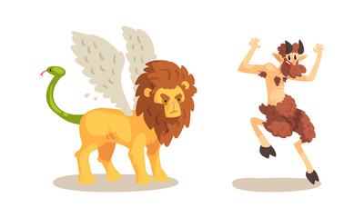 Ancient Mythical Creatures Set, Satyr Faun, Winged Lion Cartoon Characters Vector Illustration
