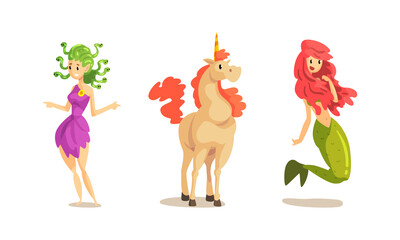 Ancient Mythical Creatures Set, Unicorn, Medusa Gorgon, Mermaid Cartoon Vector Illustration