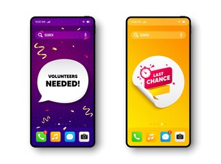 Last chance offer banner. Phone mockup vector confetti banner. Sale timer tag. Countdown clock promo icon. Social story post template. Volunteers needed speech buuble. Cell phone frame banner. Vector