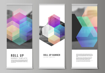 Vector layout of roll up mockup design templates with colorful hexagons, geometric shapes, tech background for vertical flyers, flags design templates, banner stands, advertising design mockups.
