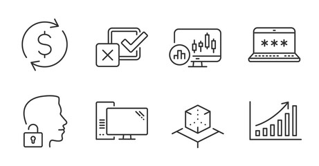 Graph chart, Laptop password and Augmented reality line icons set. Candlestick chart, Checkbox and Unlock system signs. Computer, Dollar exchange symbols. Quality line icons. Graph chart badge. Vector