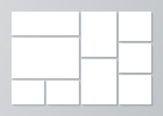 Moodboard template. Photo collage grid. Vector. Mood board design. Mosaic frame banner. Photography album layout. White pictures on background. Horizontal rectangle mockup. Simple illustration