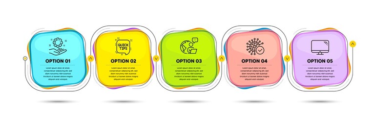 Computer, Quick tips and Coronavirus line icons set. Timeline process flowchart. Employee hand sign. Pc component, Helpful tricks, Confirmed infection. Work gear. Science set. Vector