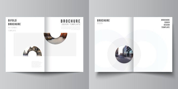 Vector layout of two A4 cover mockups templates for bifold brochure, flyer, magazine, cover design, book design. Background template with rounds, circles for IT, technology. Minimal style.