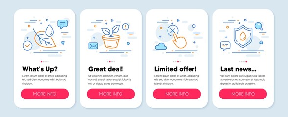 Set of Business icons, such as Leaves, Reject click, Leaf dew symbols. Mobile screen banners. Blood donation line icons. Grow plant, Delete button, Water drop. Medicine analyze. Leaves icons. Vector