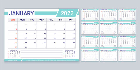 Calendar 2022 year. Planner, calender template. Week starts Sunday. Vector. Yearly stationery organizer with 12 month. Table schedule grid. Horizontal monthly diary layout. Color simple illustration.
