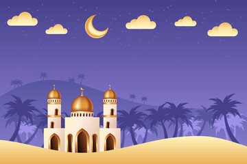 Lovely islamic background with Mosque in the middle of desert. Islamic background suitable for Ramadan, Eid al Adha, Eid al Fitr.