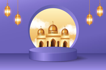 Modern 3d display podium decoration in purple background with realistic clouds and mosque. Product presentation suitable for Ramadan, Eid al Adha, Eid al Fitr.