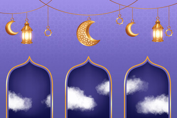 Luxury Islamic background with realistic 3d clouds and golden crescent moon decorations. Islamic background suitable for Ramadan, Eid al Adha, Eid al Fitr.