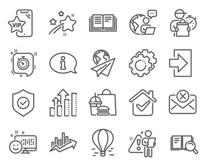 Technology icons set. Included icon as Air balloon, Settings gears, Login signs. Education, Smile, Vip phone symbols. Growth chart, Security shield, Reject mail. Analysis graph, Timer. Vector