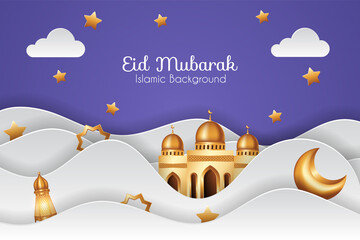 Eid mubarak background in paper cut style with 3d golden mosque and decorations. Islamic background suitable for Ramadan, Eid al Adha, Eid al Fitr.