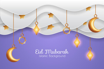 Eid mubarak background in paper cut style with clouds and decorations. Islamic background suitable for Ramadan, Eid al Adha, Eid al Fitr.