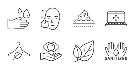 Rubber gloves, Leaf and Medical help line icons set. Slow fashion, Healthy face and Health eye signs. Skin care, Hand sanitizer symbols. Hygiene equipment, Ecology, Medicine laptop. Vector