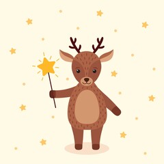 Cute deer with magic wand. Baby animal concept illustration for nursery, vector illustration