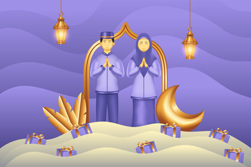 Islamic background paper cut style with gift man and woman praying. Islamic background suitable for Ramadan, Eid al Adha, Eid al Fitr.