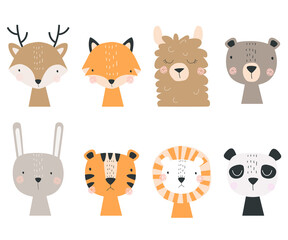 Set of forest and exotic animals. Illustration depicting a Panda, a llama, a tiger, a lion, a bear, a Fox, a fawn and a hare, for printing on children's goods and promotional products