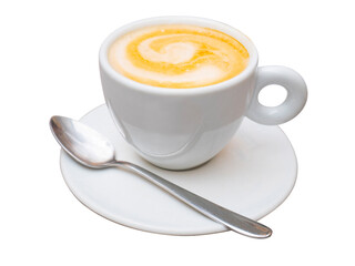 Caffè macchiato isolated on white background. Espresso coffee with milk foam in a small cup.