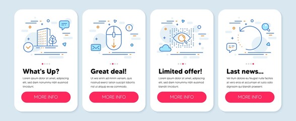 Set of Business icons, such as Artificial intelligence, Buildings, Scroll down symbols. Mobile screen banners. Recovery data line icons. Find data, City architecture, Mouse swipe. Backup info. Vector