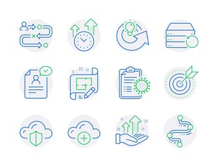 Science icons set. Included icon as Journey path, Architect plan, Time management signs. Resume document, Share idea, Recovery server symbols. Analysis graph, Cloud computing, Timeline. Vector