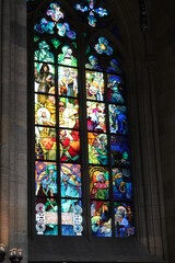 Stained glass window in the church. Beautiful stained glass windows decorate a church 