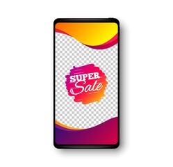 Super sale banner. Phone mockup vector banner. Discount sticker shape. Coupon bubble icon. Social story post template. Super sale badge. Cell phone frame. Liquid modern background. Vector
