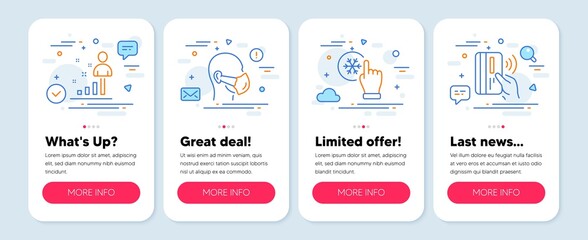 Set of People icons, such as Medical mask, Stats, Freezing click symbols. Mobile screen mockup banners. Contactless payment line icons. Respirator, Business analysis, Air conditioner. Vector