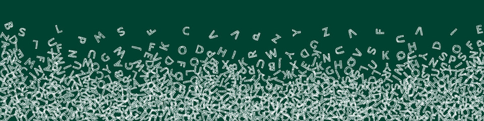 Falling letters of English language. Chalk sketch flying words of Latin alphabet. Foreign languages study concept. Energetic back to school banner on blackboard background.