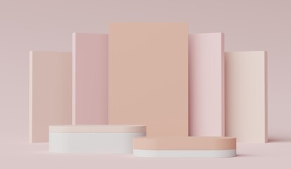 3d render of Abstract minimal  display podium for showing products, cosmetic presentation and mock up. Showcase scene with pastel earth tone background. Illuminated simple geometric shapes.