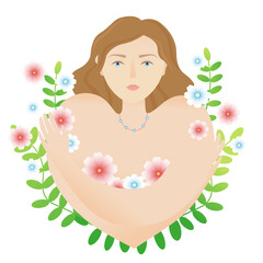 Vector illustration of love yourself concept. Inspired girl with flowers 