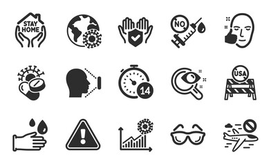 Quarantine, Vision test and Rubber gloves icons simple set. Healthy face, Usa close borders and Coronavirus pills signs. Eyeglasses, Cancel flight and Insurance hand symbols. Flat icons set. Vector