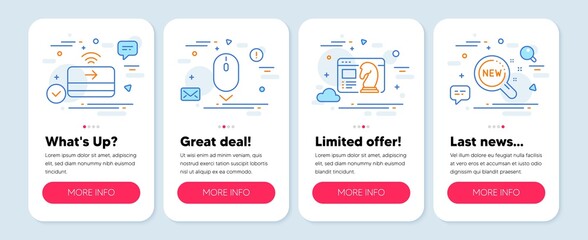 Set of Technology icons, such as Seo strategy, Scroll down, Contactless payment symbols. Mobile app mockup banners. New products line icons. Chess knight, Mouse swipe, Financial payment. Vector