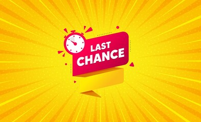 Last chance offer banner. Yellow background with offer message. Sale timer tag. Countdown clock promo icon. Best advertising coupon banner. Last chance badge shape. Abstract background. Vector