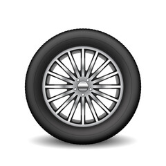 Obraz premium Tire car element isolated on white background. Realistic wheel rim, spare rubber tyre for driving
