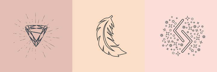 Esoteric symbols. Mystic and magic design with crystals, sun, stars, skull and moon.