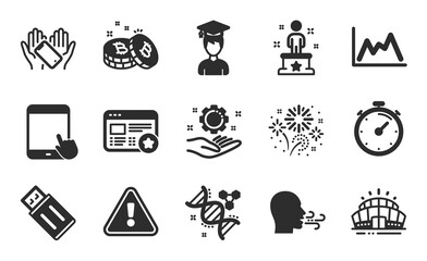 Student, Favorite and Arena stadium icons simple set. Breathing exercise, Timer and Bitcoin signs. Employee hand, Diagram and Chemistry dna symbols. Success, Tablet pc and Smartphone holding. Vector