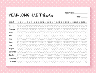 Habit tracker. Template year-long habit diary. Journal planner with bullets. Vector illustration. Goal list on background with hearts. Simple design. Horizontal, landscape orientation. Paper size A4