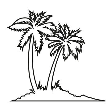 Tropical palm trees, black silhouettes and outline contours on white background