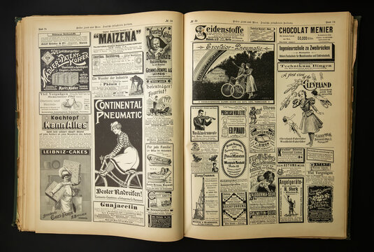 Vintage newspaper, old advertising content from antique German magazine 1886.