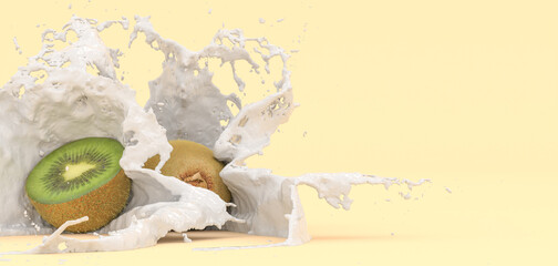 kiwi on a yellow background in a splash of milk