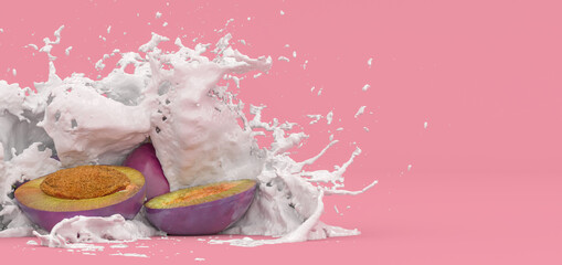 plum on a purple background in a splash of milk