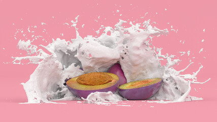 plum on a purple background in a splash of milk