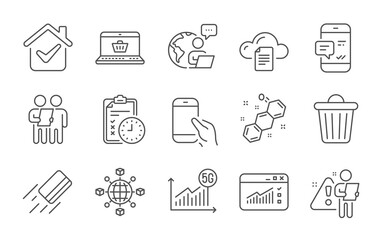 Online shopping, Web traffic and Credit card line icons set. Hold smartphone, File storage and Chemical formula signs. Exam time, Smartphone notification and Survey symbols. Line icons set. Vector